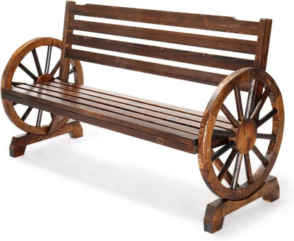 Outdoor Rustic Wooden Bench with Wagon Wheel Arms, Garden Bench