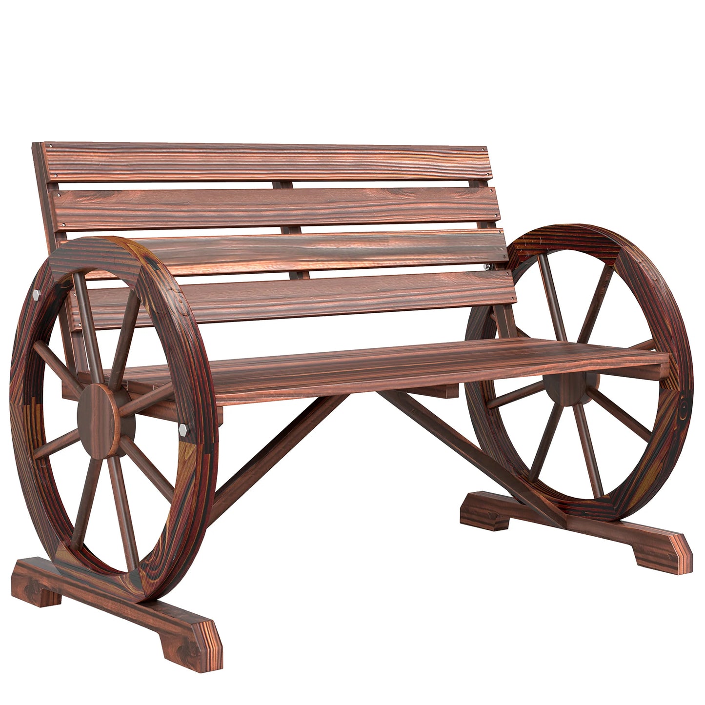 Outdoor Rustic Fir Wood Bench with Wagon Wheel Armrests Weather Resistant 550 Lbs Capacity 2 Seater