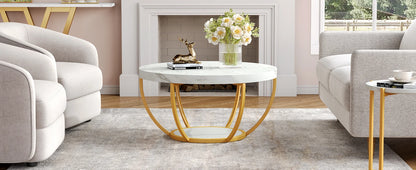 32" Circle Marble Coffee Tables, 2-Tier Golden Metal Legs
