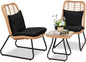 3 Piece Outdoor Wicker Bistro Set,  w/2 Large Rattan Chairs and Tempered Glass Table, Patio Furniture