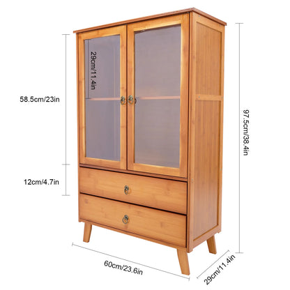 Vintage Style Kitchen Storage Cabinet, 2-Tier Bamboo Sideboard with Smooth Drawers for Kitchen and Dining Area