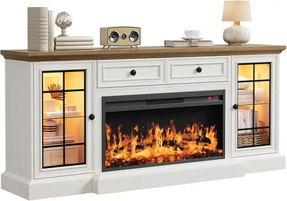 Modern 70 Farmhouse TV Stand with 36 LED Electric Fireplace, Storage Cabinet & Drawer for 80 TVs
