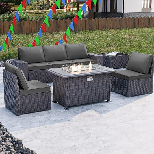 7-Piece Outdoor Patio Furniture Set with 43 Gas Propane Fire Pit Table and Wicker Rattan  Sofa, Grey