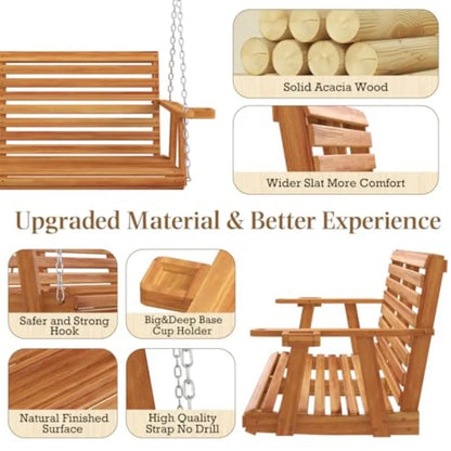 5.5FT Wooden Porch Swing  with Cup Holders Chains 880Lbs Weight Capacity  for Courtyard Gar