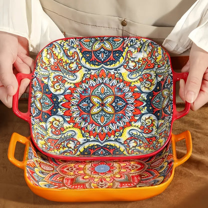 Bohemian double ear square ceramic plate