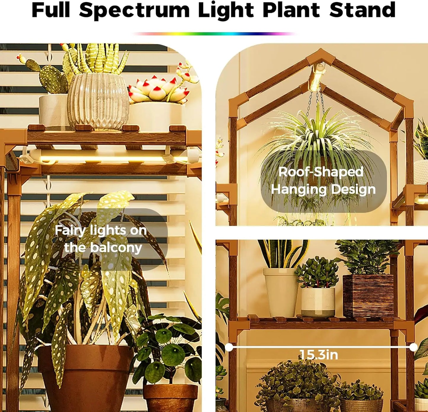 Wood Plant Shelf with Grow Lights for Indoor Hanging Planter Pots  Living Room Patio