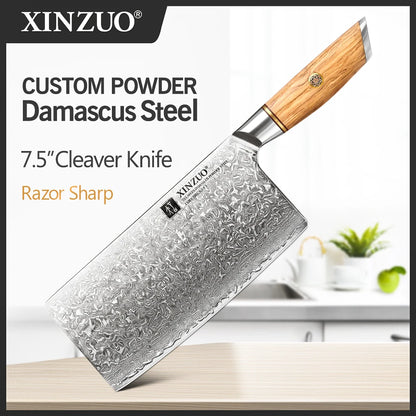 XINZUO 1-8pcs Kitchen Knife Set 73 Layers Custom Damascus Steel  with Olive Wood Handle
