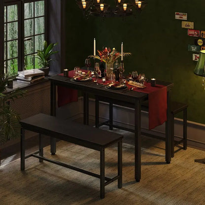 Dining Table Set for 4, 3Piece Kitchen Table with 2 Benches,