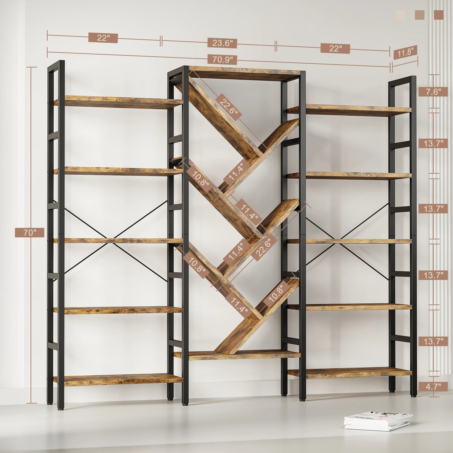 Triple 5 Tier Bookshelf, Large Wooden Bookcase with 17 Open Display Shelves Metal Frame