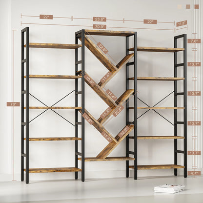 Triple 5 Tier Bookshelf, Large Wooden Bookcase with 17 Open Display Shelves Metal Frame