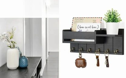Rustic Wood Key Holder with Shelf Wall Mounted Decorative Key Rack  6 Key Hooks