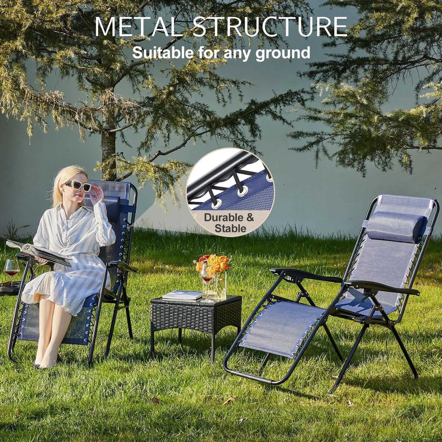 JHK Zero Gravity Set of 2 Portable Recliner  Outdoor Garden Lounge Chair with Cup Holder