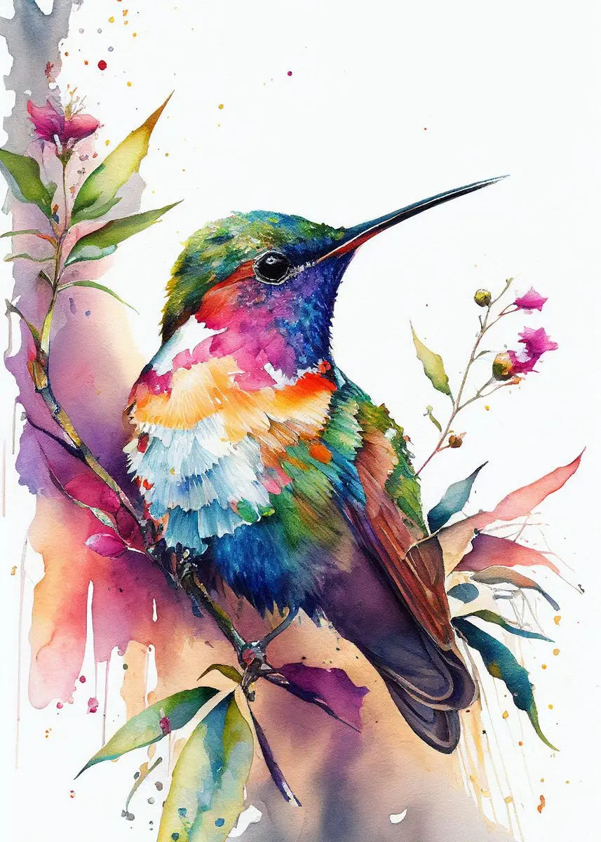 Watercolor Hummingbird Flower Wall Art
