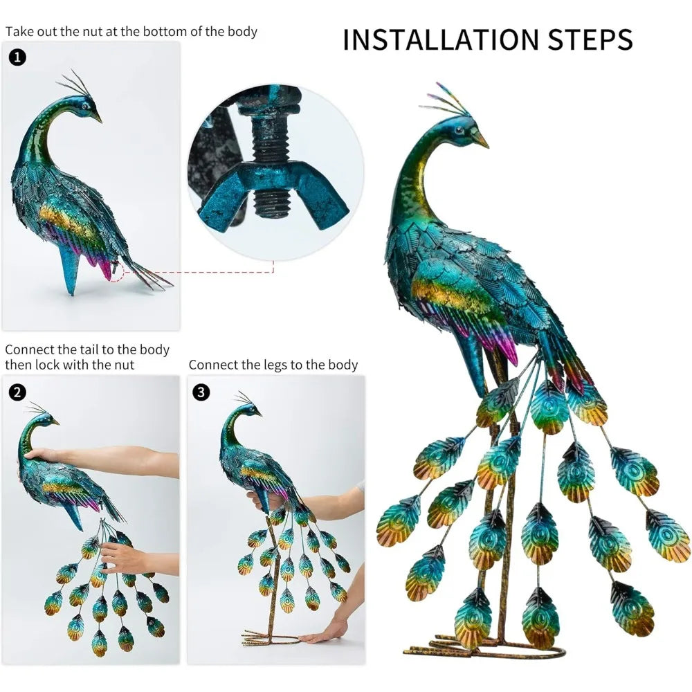 Metal Peacock Sculptures - Set of 2 Outdoor Garden Yard Art,  Hand-Painted, 30.7