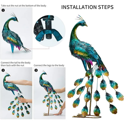 Metal Peacock Sculptures - Set of 2 Outdoor Garden Yard Art,  Hand-Painted, 30.7