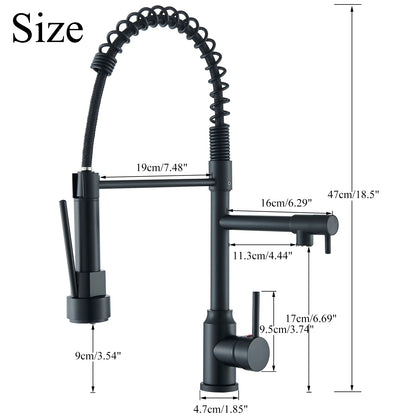 Black Kitchen Faucet With Pull Down Spring Sprayer Deck Mounted Hot and Cold Water Mixer