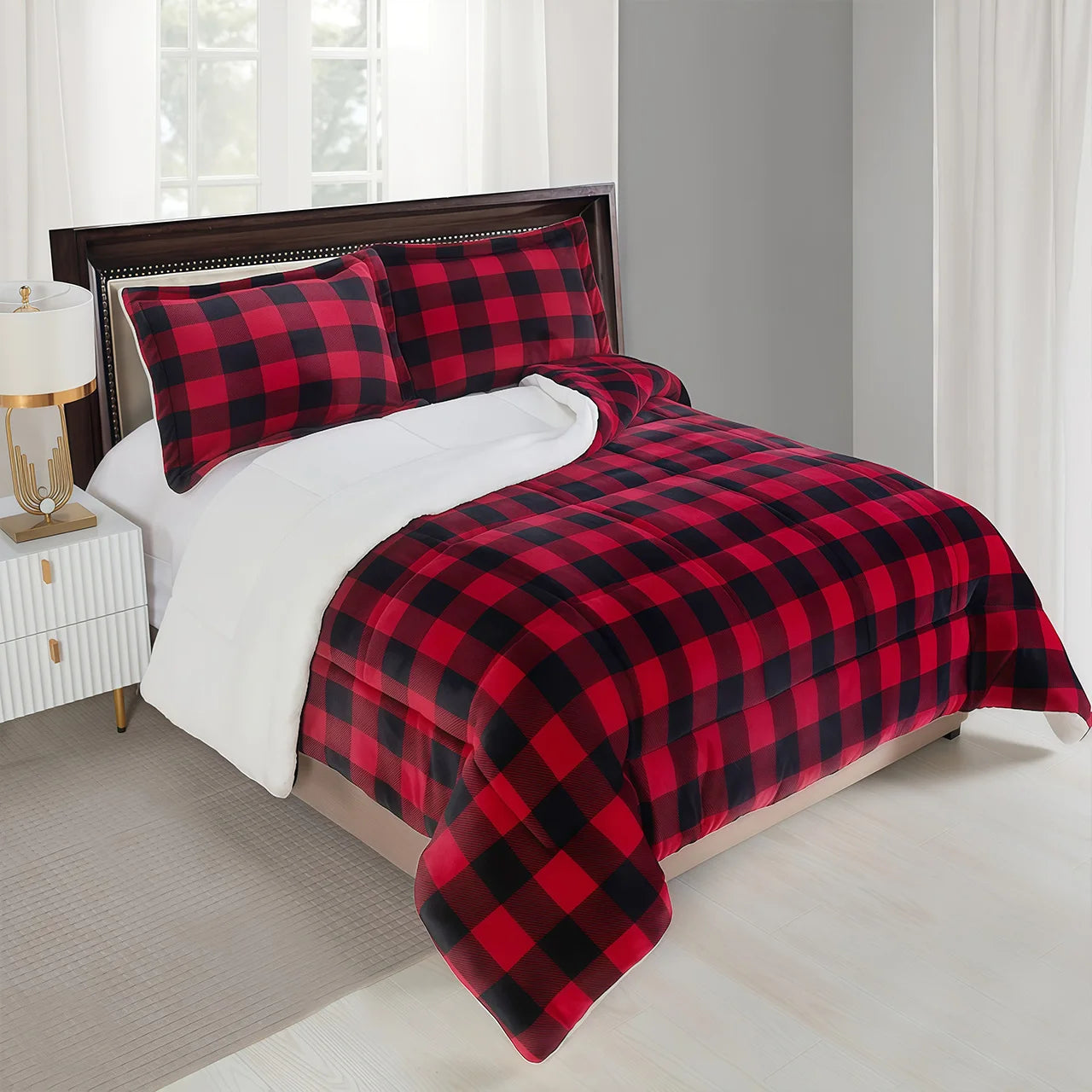 1pc Cozy Sherpa Fleece Buffalo Plaid Blanket -