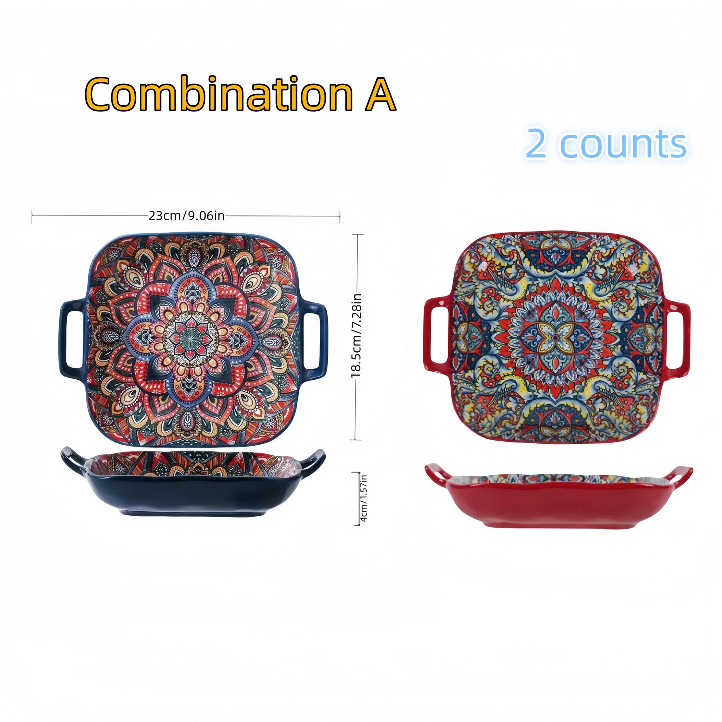 Bohemian double ear square ceramic plate