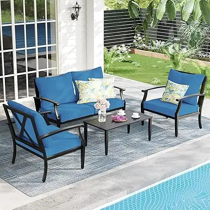 4-Piece Patio Furniture Set, Wider Outdoor Metal Seating Sofa with High Back & Loveseat, Coffee Table