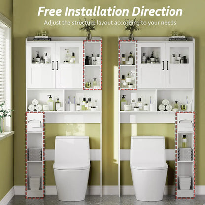 Over Toilet Storage Cabinet With Glass Door, 67.4" Adjustable Bathroom Organizer, Freestanding Cabinet