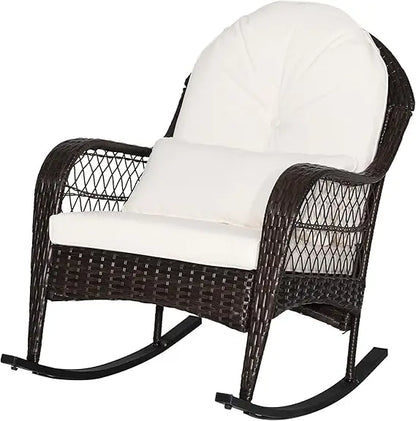 Patio Wicker Rocking Chair, Outdoor Rocker with Seat and Back Cushion, Waist Pillow, Armrests, Garden Chair
