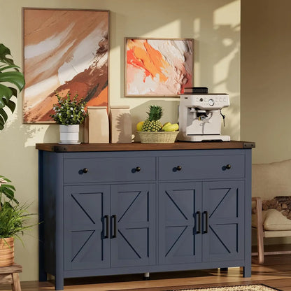 Buffet Cabinet with Storage Farmhouse with 4 Doors and 2 Drawers, 55'' Large Kitchen Storage  Blue Wood