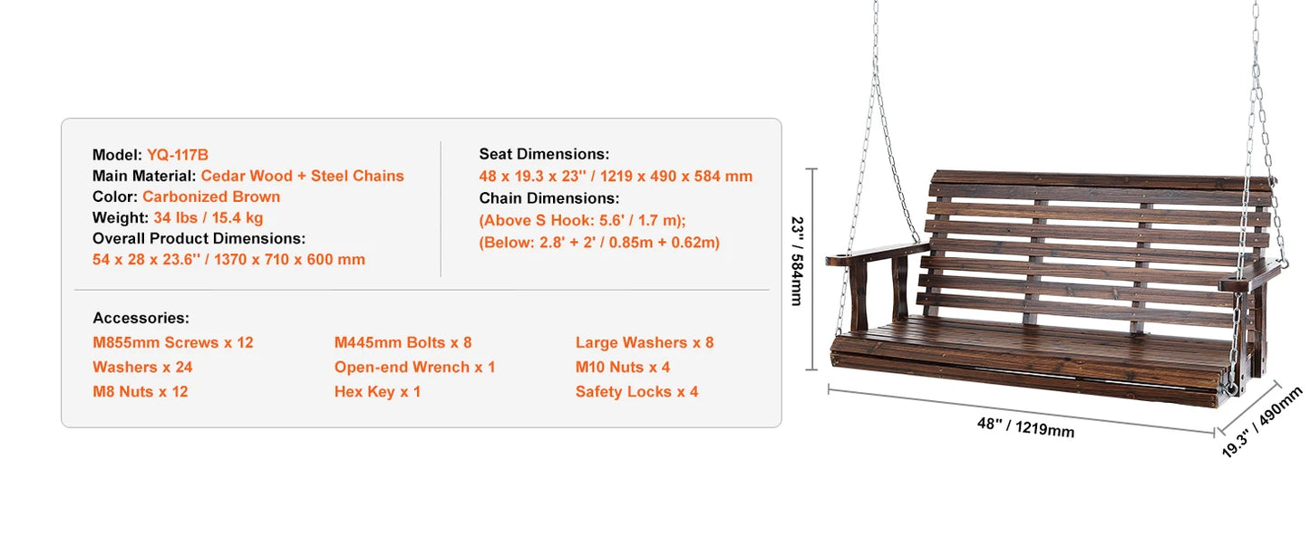 SucceBuy Wooden Porch Swing 5 ft  for Courtyard Garden  880 lbs Strong Load Capacity Chair Bench