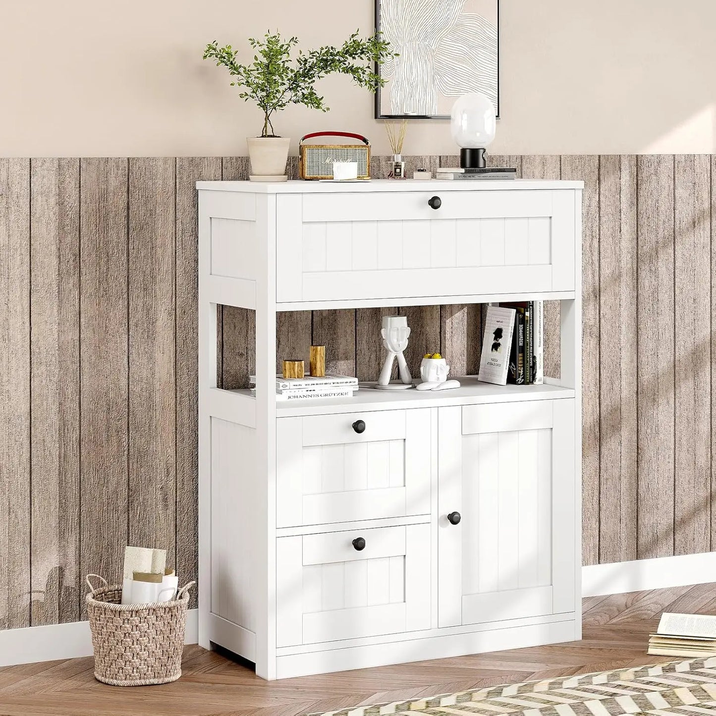 Bathroom  Storage Cabinet Organizer with 1 Door and 3 Drawers, Freestanding Cupboard