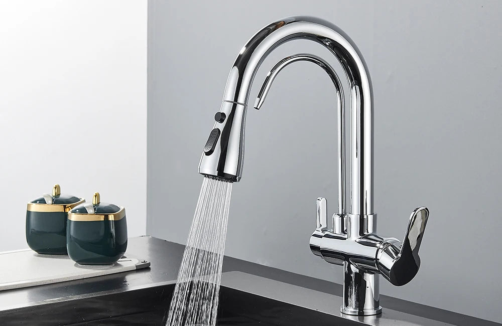 Quyanre Matte Black Filtered Crane For Kitchen Pull Out Spray 360 Rotation Water Sink Mixer Kitchen Faucet