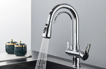 Quyanre Matte Black Filtered Crane For Kitchen Pull Out Spray 360 Rotation Water Sink Mixer Kitchen Faucet