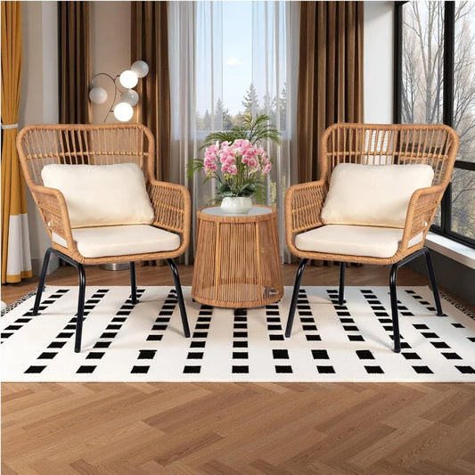 3 Piece Outdoor Wicker Bistro Set,  w/2 Large Rattan Chairs and Tempered Glass Table, Patio Furniture