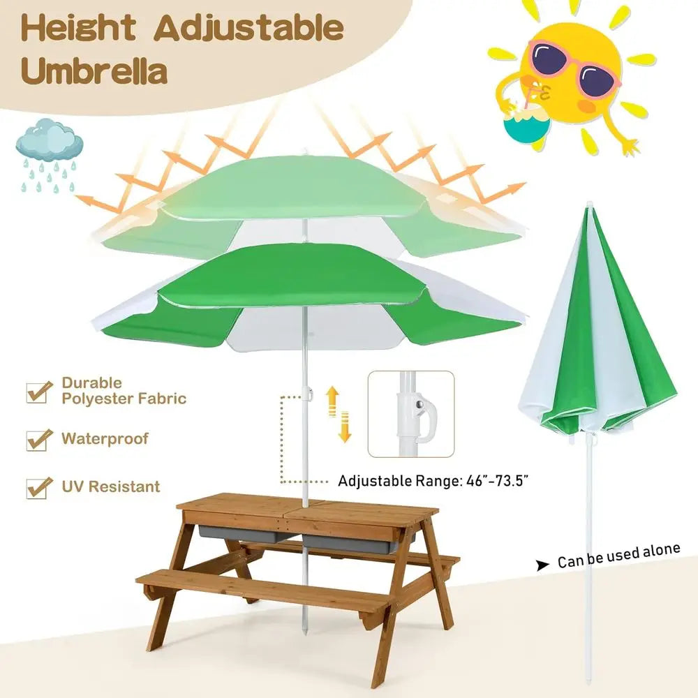 All-in-One Sand & Water Picnic Table with Adjustable Umbrella for Outdoor Play and Patio Use