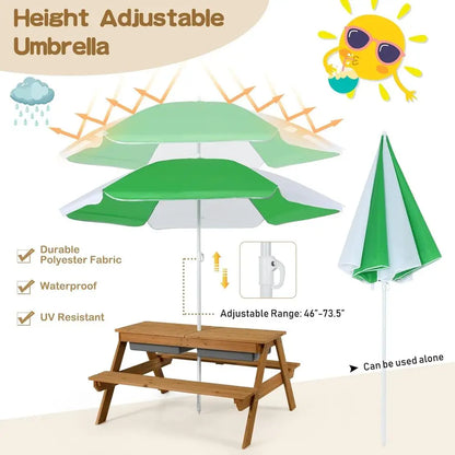 All-in-One Sand & Water Picnic Table with Adjustable Umbrella for Outdoor Play and Patio Use
