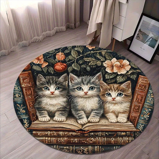 Cat and Book Style Flannel-printed round floor mat