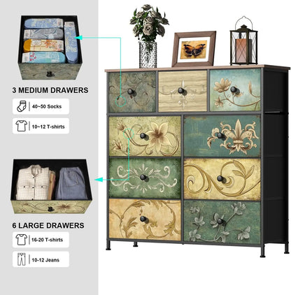 9-Drawer Floral Dresser with Wooden Top for Bedroom, Closet, Nursery, Living Room
