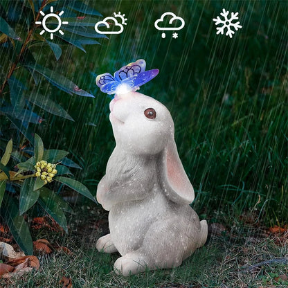 Solar Bunny Statue Garden Decor with Butterfly LED Light Resin Animal Figurine for Garden Courtyard