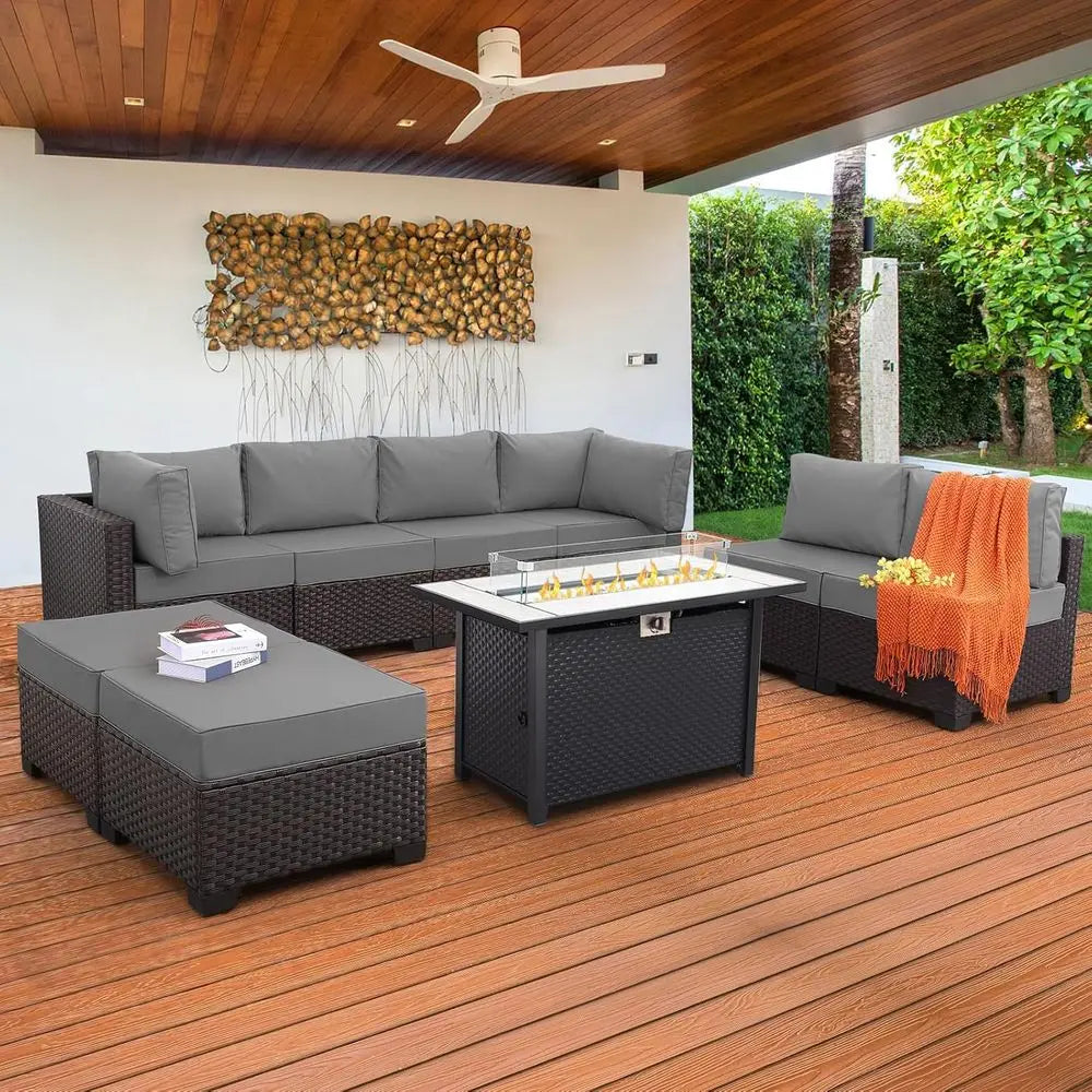 9-Piece Outdoor Wicker Rattan Patio Furniture Set with Grey Cushions and 45 Gas Fire Pit Table