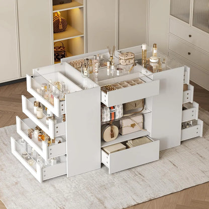 Closet Island with Drawers, Wardrobe Armoire Bedroom Island, Glass Display Shelf & 12 Drawers,