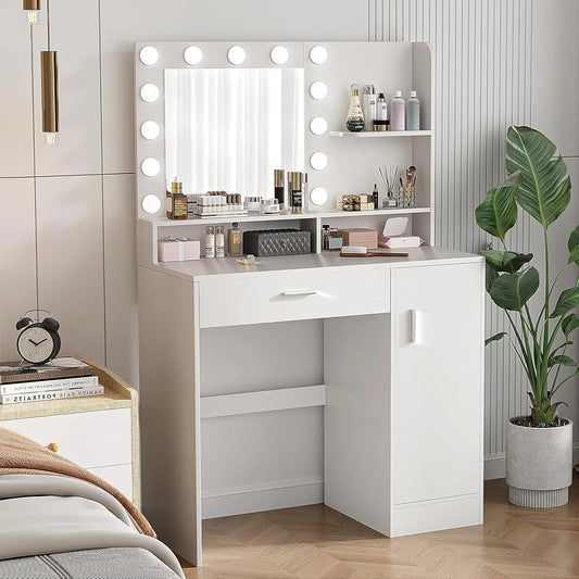 White Makeup Vanity Desk with Mirror, Lights, Drawers & Cabinet