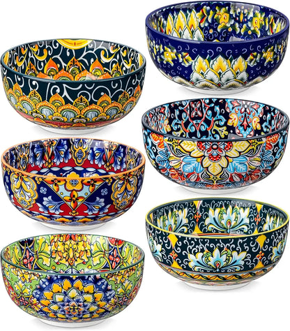 Bohemian Ceramic Bowl Set of 6 (28 Oz) - Colorful Soup, Cereal, Pasta, Salad, Fruit Bowls